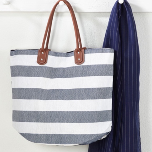 blue and white striped beach bag